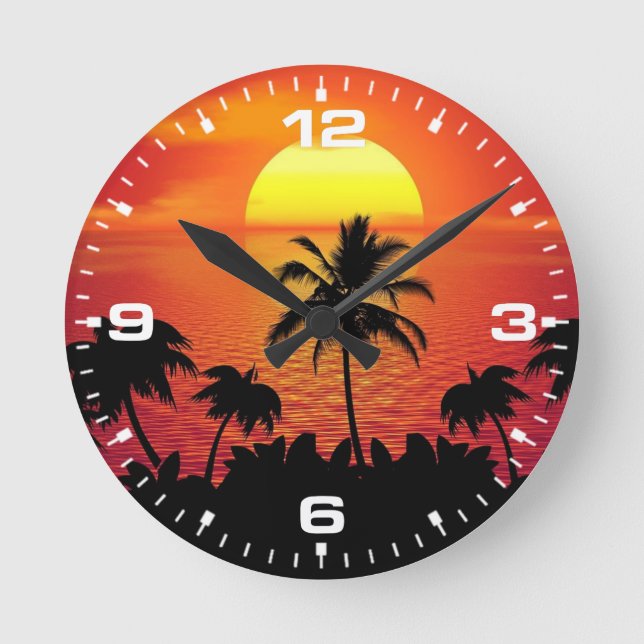 Tropical Sunset Palm Trees Silhouette Beach Round Clock (Front)