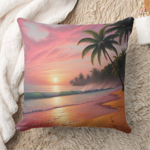 Tropical Sunset Paradise Beach Scene Throw Pillow