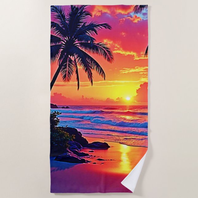 Tropical Sunset Paradise Design Beach Towel (Front)