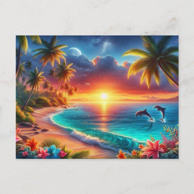 Tropical Sunset Paradise Painting Postcard (Front)