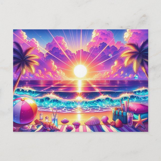 Tropical Sunset Paradise Painting Postcard (Front)