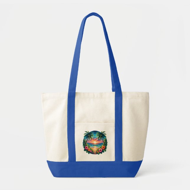 Tropical Sunset Paradise – Vibrant Beach Art Hoodi Tote Bag (Front)
