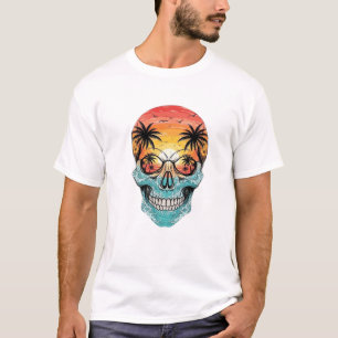 Tropical Sunset Skull   Beach Palm Tree Ocean Wave T-Shirt