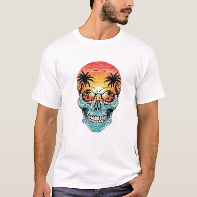 Tropical Sunset Skull | Beach Palm Tree Ocean Wave T-Shirt (Front)