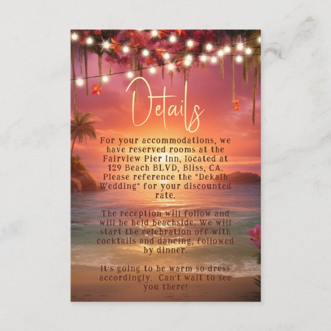 Tropical Sunset String Lights Beach Wedding Detail Enclosure Card (Front)