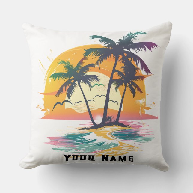 Tropical Sunset Vibes – Palm Trees & Beach Design Throw Pillow (Front)