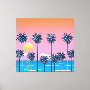 Tropical Sunset: Vintage Beach Illustration Canvas Print