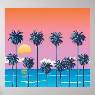 Tropical Sunset: Vintage Beach Illustration Poster