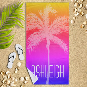 Tropical Sunset White Palm Personalized Beach Towel