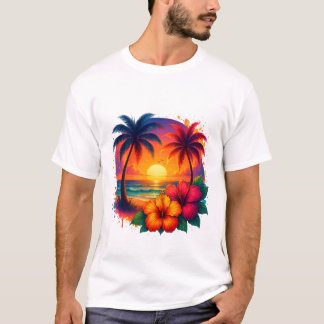 Tropical Sunset with Palm Trees and Hibiscus T-Shirt
