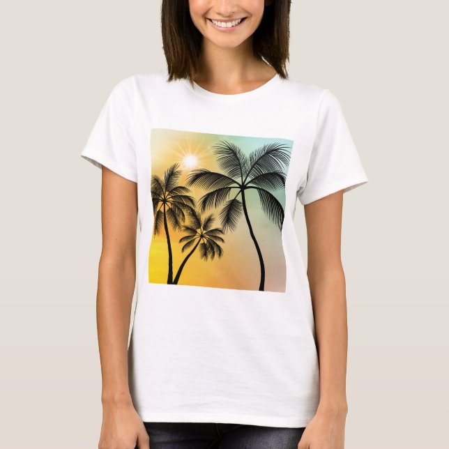 Tropical Sunset with Palm Trees – Beach Nature Art T-Shirt (Front)