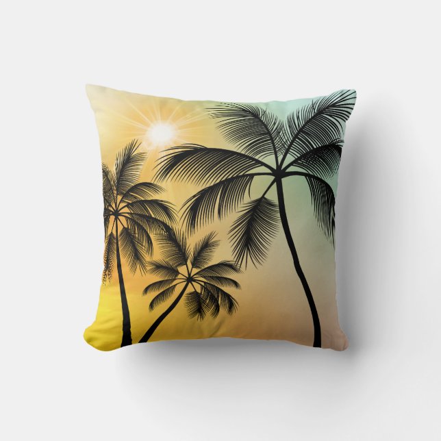 Tropical Sunset with Palm Trees – Beach Nature Art Throw Pillow (Front)