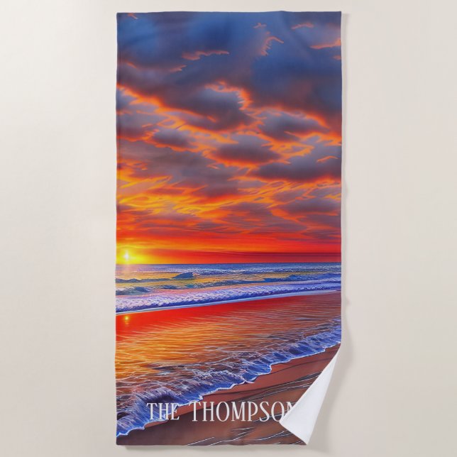 Tropical Sunset with Personalized Name Beach Towel (Front)