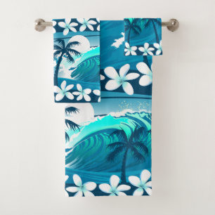 Tropical surf wave with palm trees bath towel set