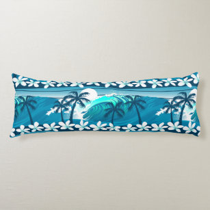 Tropical surf wave with palm trees body pillow