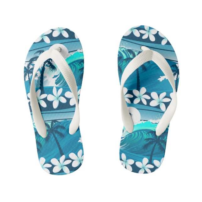 Tropical surf wave with palm trees kid's flip flops (Footbed)
