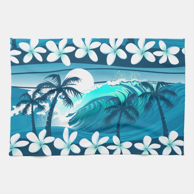 Tropical surf wave with palm trees kitchen towel (Horizontal)