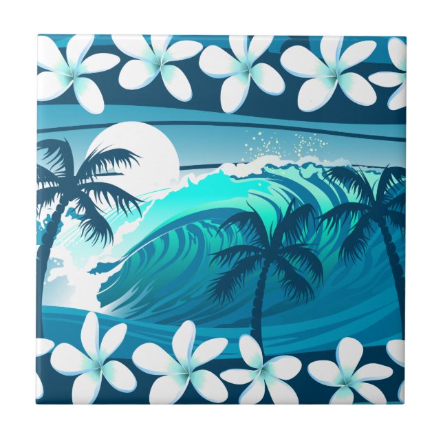 Tropical surf wave with palm trees tile (Front)
