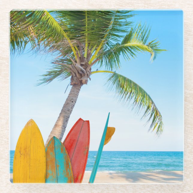 Tropical Surfboard Beach Glass Coaster (Front)