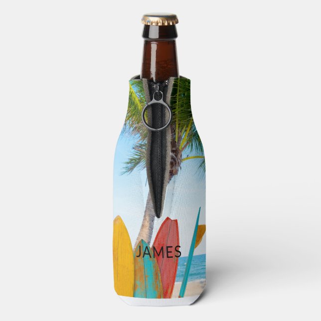 Tropical Surfboard Beach Personalized Name Bottle Cooler (Bottle Back)