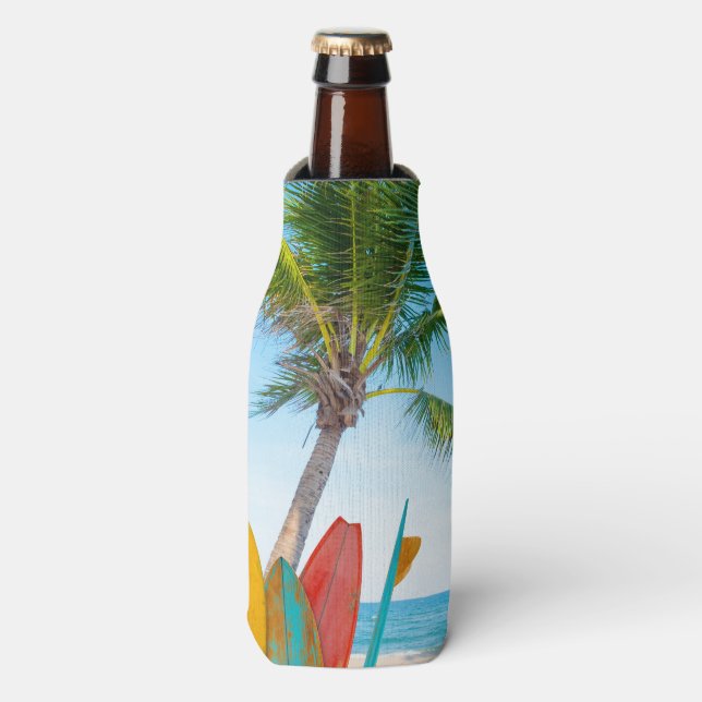 Tropical Surfboard Beach Surfing Bottle Cooler (Bottle Front)