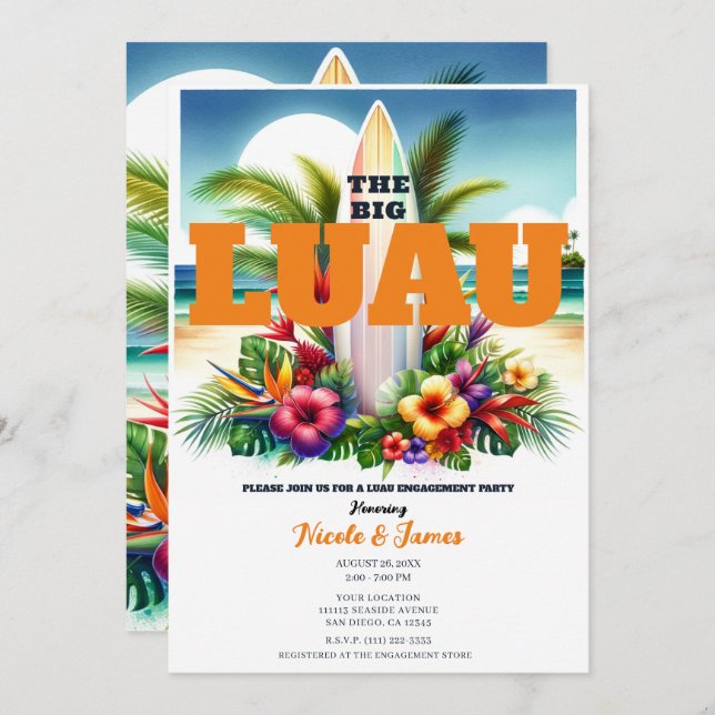 Tropical Surfboard Pool Party Luau Engagement  Invitation (Front/Back)