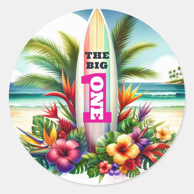 Tropical Surfboard The Big ONE 1st Birthday Party Classic Round Sticker (Front)