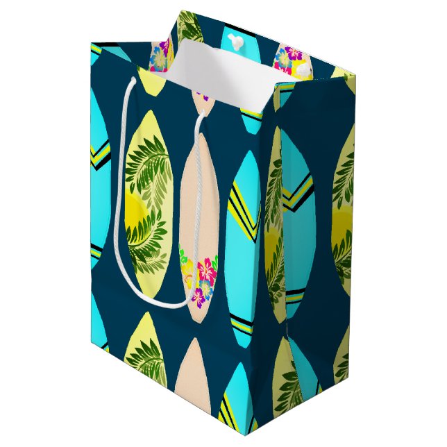Tropical Surfboards Illustrated Navy Blue Medium Gift Bag (Front Angled)