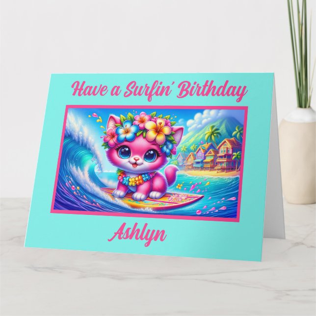 Tropical Surfing Pink Kitten Birthday Card (Front)