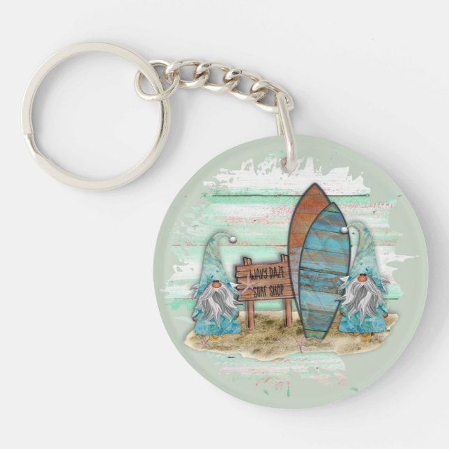 Tropical Surfing Watercolor Beach Gnomes Keychain (Front)