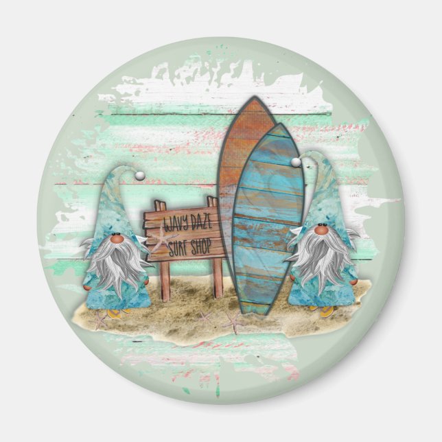 Tropical Surfing Watercolor Beach Gnomes Magnet (Front)