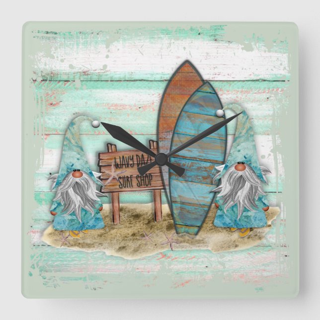 Tropical Surfing Watercolor Beach Gnomes Square Wall Clock (Front)