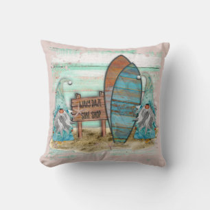Tropical Surfing Watercolor Beach Gnomes Throw Pillow