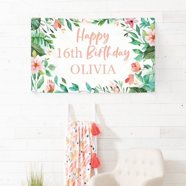 Tropical Sweet 16 Aloha Luau Birthday Banner (Insitu)
