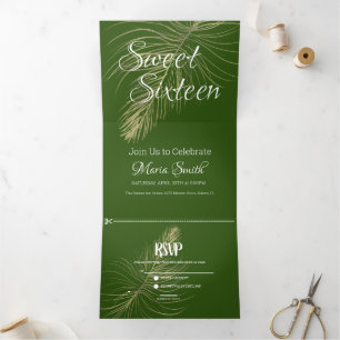 Tropical Sweet 16 Liquid Marble   Foil Palm Tree Tri-Fold Invitation