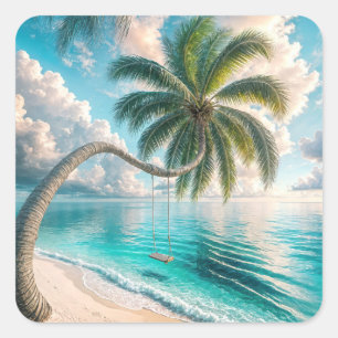 Tropical Swing Hanging From Palm Tree Square Sticker