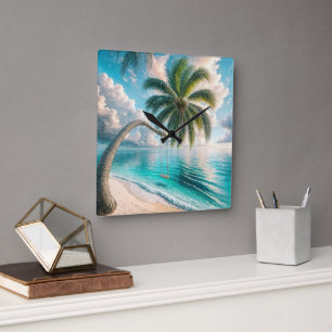 Tropical Swing Hanging From Palm Tree Square Wall Clock