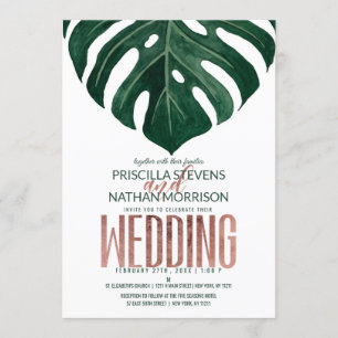 Tropical Swiss Cheese Leaf Rose Gold Wedding Invitation