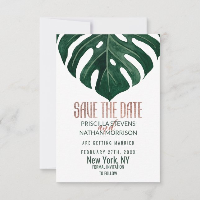 Tropical Swiss Cheese Leaf Rose Gold Wedding Save The Date (Front)
