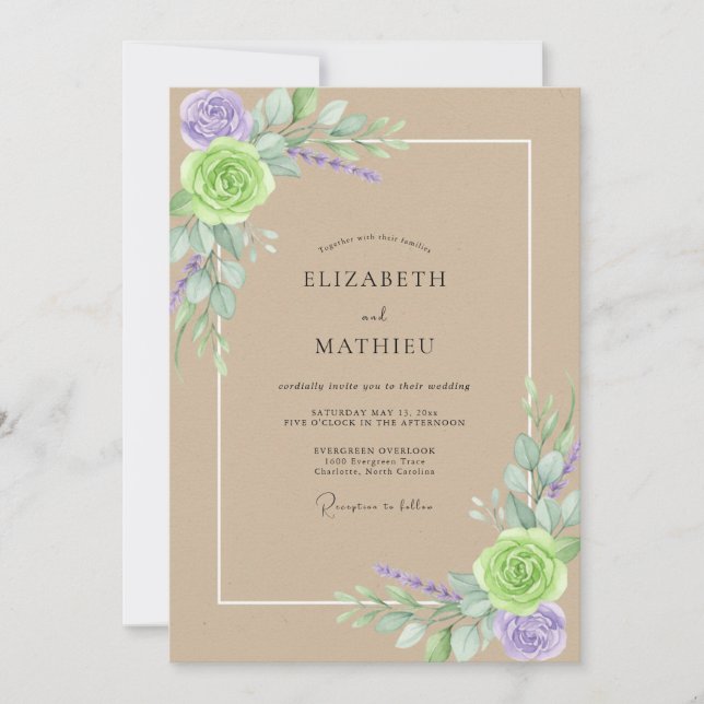 Tropical Tan Amethyst Leafy Wedding Invitation (Front)