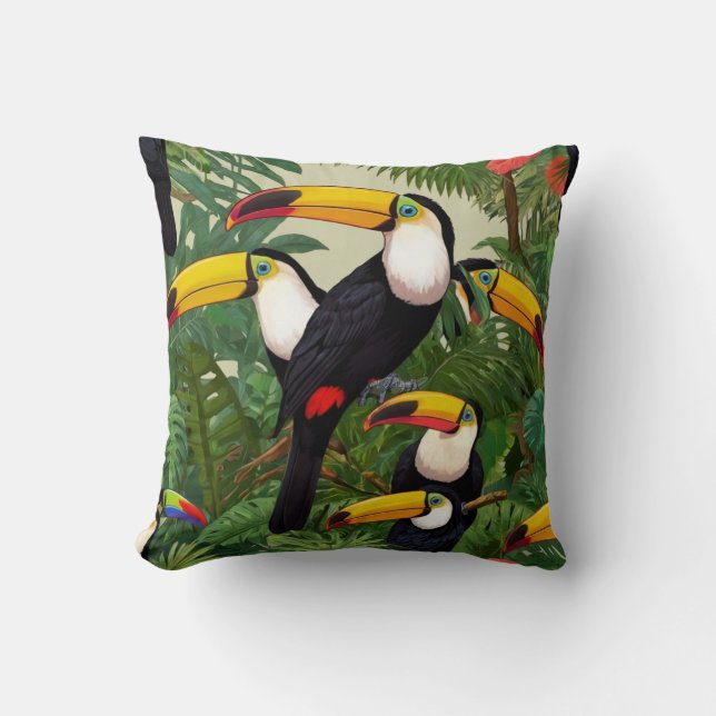 Tropical Tapestry: Toucans in the Rainforest Throw Pillow (Front)
