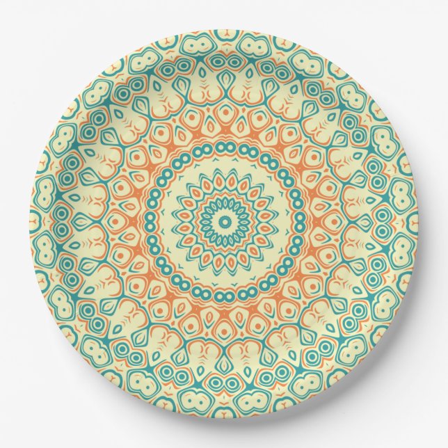 Tropical Teal and Orange Mandala Pattern Paper Plate (Front)