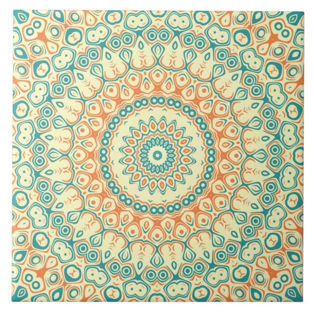 Tropical Teal and Orange Mandala Pattern Tile (Front)