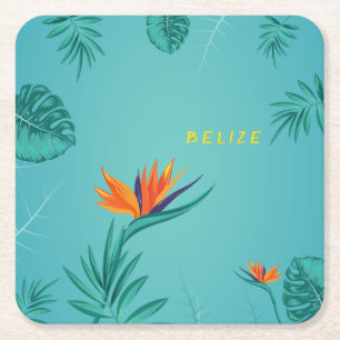 Tropical Teal Blue Green Palm Monogram Belize Square Paper Coaster