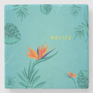 Tropical Teal Blue Green Palm Monogram Belize Stone Coaster