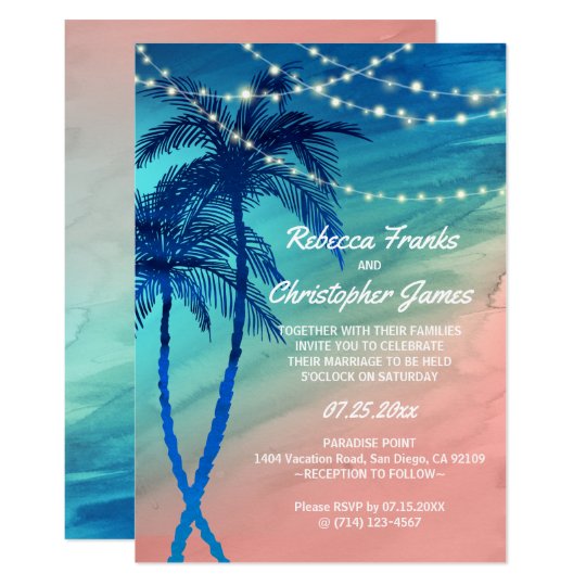 Tropical Teal Blue & Peach Wedding Invitations