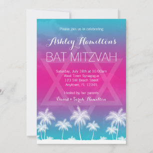 Tropical Teal Blue Pink Bat Mitzvah Invitation
