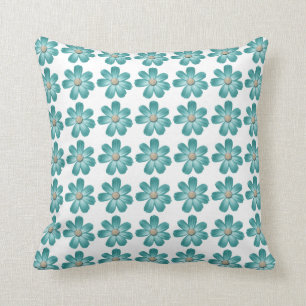 Tropical Teal Blue Turquoise Daisy Flower Couch Throw Pillow