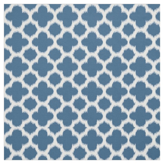 Tropical Teal Blue White Ikat Quatrefoil Pattern Fabric (Swatch)