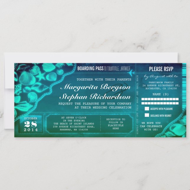 Tropical Teal Destination Wedding Tickets Invitation (Front)